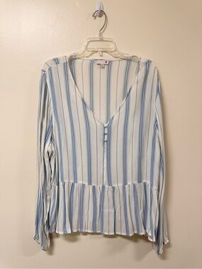 SO Blue and White Vertical Stripe V-Neck Peplum Blouse